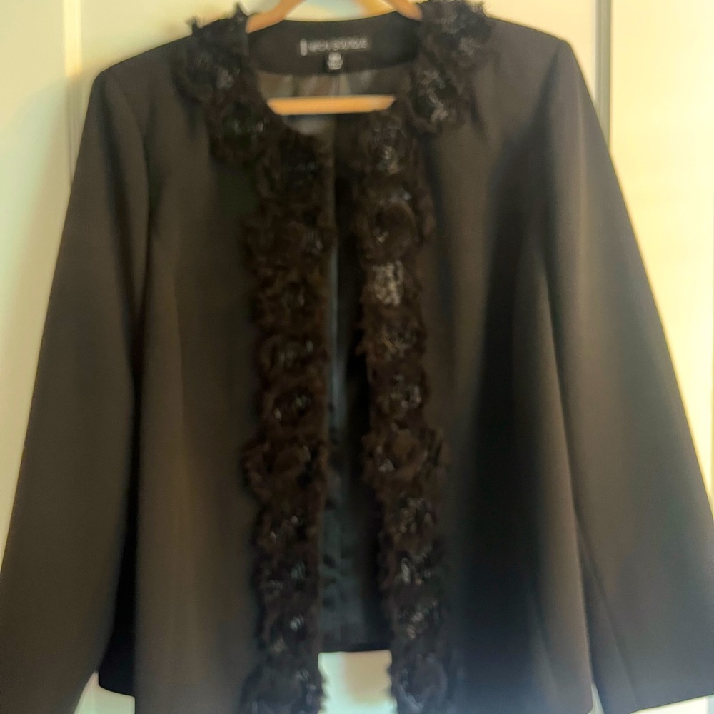 Nipon Boutique Black Blazer with Ruffled Trim-18W plus